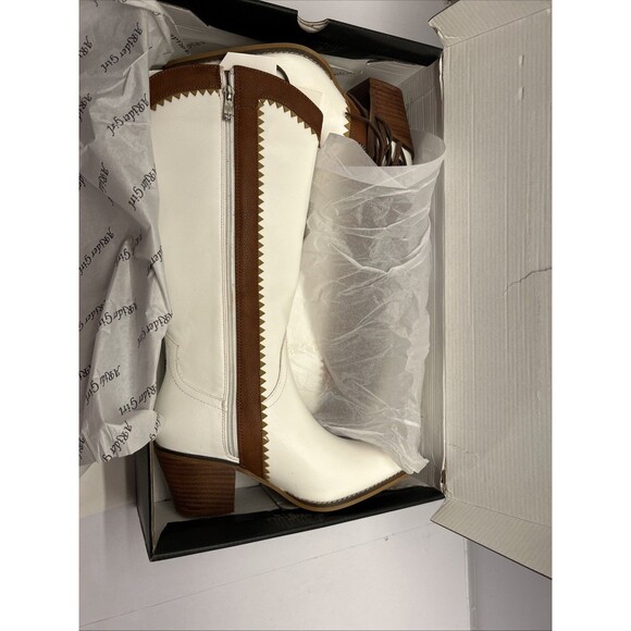 Arider Girl Knee High Boots White Brown Stripe Fringe Faux Turquoise Trim SZ 8 - Picture 11 of 12